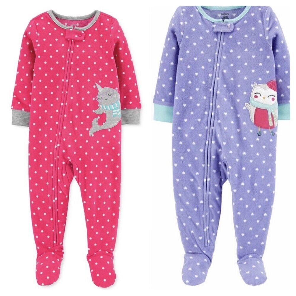 Set Lot of 2 One Piece Zip Up Footie Fleece Pjs Pajamas Sleeper Girls Cozy 3T